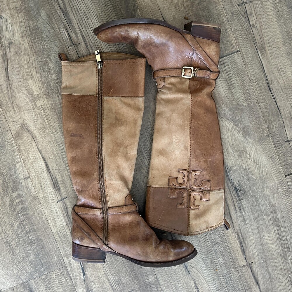 Tory Burch Boots Womens 7.5 Brown Leather Knee High Riding Buckle Logo Italy - Picture 2 of 8